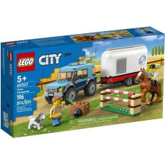 LEGO 60327 Pilsētas zirgu transportiera jātnieku rotaļu komplekts bērniem, ietver rotaļu apvidus auto, zirgu piekabi, šķēršļus, 2 minifigūriņas, zirgu ar seglu un suņa figūriņu, 196 detaļas 5+