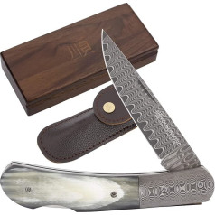 YOUSUNLONG Practical Folding Pocket Knife Total 175 mm Japanese Damascus Steel - Bull Horn Handle Includes Leather Sheath and Wooden Knife Box