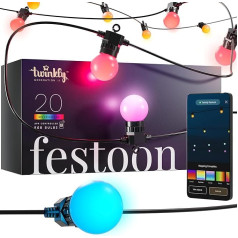 Twinkly Festoon 20 LED RGB pasaku gaismas ar 20 LED lampām, daudzkrāsains RGB āra un iekštelpu apgaismojums, saderīgs ar Alexa, Google Home, spēļu gaismām, IP44, App Control, melns kabelis, 10 m