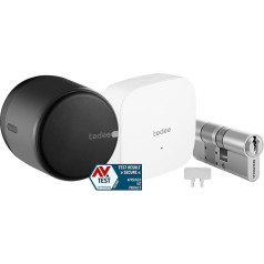 Tedee Go viedā slēdzene ar WiFi, cilindrs 30-61/30 mm un Bluetooth lietotne attālinātai piekļuvei, viedā durvju slēdzene pārvērš jūsu viedtālruni par atslēgu, AV-TEST elektroniskā durvju slēdzene, melna