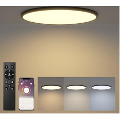 Klighten LED griestu gaisma ar tālvadības pulti, melna griestu gaisma 48 W 4320 LM, plakana apaļa ar aplikācijas vadību, moderns ultraslīvs griestu apgaismojums viesistabai, guļamistabai, diametrs 50 cm, 2700