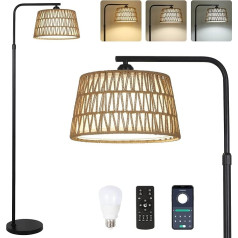 Rayofly Dimmable Living Room Floor Lamp, rotangpalmas grīdas lampa ar tālvadības pulti un LED spuldzi, App Control, Boho grīdas lampa ar rotangpalmas un lina abažūru, Vintage grīdas lampa guļamistabai