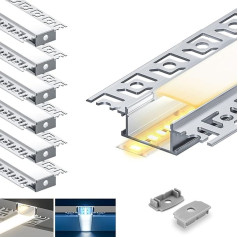 HOOLED LED alumīnija profili, 6 gab. x 1 m (6 m), U-veida, LED lentēm, ar pienaini baltu vāku, gala vāciņiem, metāla montāžas klipšiem, izmērs 64,2 mm x 13,8 mm (SP44)