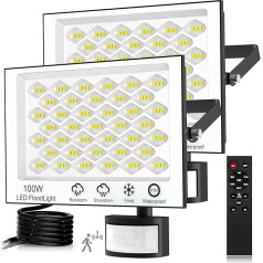 Viugreum 2 Pack 100 W LED prožektors 6500 K āra apgaismojums ar kustības sensoru 10000 lm prožektors āra vēss balts prožektors IP66 ūdensizturīgs āra prožektors dārzam, pagalmiem, garāžām