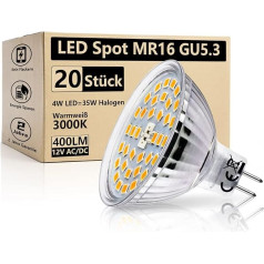 HiBay LED prožektora spuldze 12 V AC/DC GU5.3 spuldzes Warm White 3000 K 4 W (aizvieto 35 W) 400 lm MR16 spuldze LED prožektora komplekts ar 20 spuldzēm