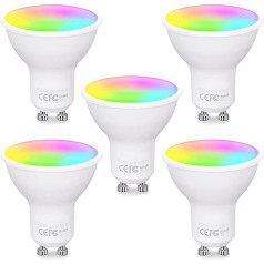 Fitop Alexa GU10 WiFi viedā lampa, 4,7 W, ekvivalents 50 W, RGB, 16 miljoni krāsu + silti balta vēsā baltā, regulējama ar lietotnes vai balss palīdzību, saderīga ar Alexa/Google Home, nav nepieciešams centrmezgls, 5 gab. komplektā