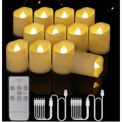 BOWKA uzlādējamas 12 LED tējas lampas ar tālvadības pulti un taimeri bez liesmām, mirgojošas, aptumšojamas sveces ar USB kabeli Ziemassvētku ballītei, kāzām, Helovīnam, Helovīnam, mājai, baznīcai, āra kempingam (silti balta)