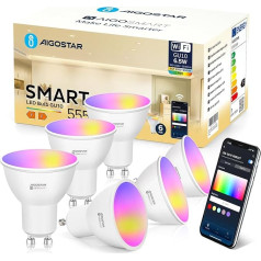 Aigostar Alexa spuldzes GU10 SL2 Smart LED lampa 6,5 W WiFi spuldze LED RGBCW 2700-6500 K Dimmable, 26 scēnu režīmi, App Control, saderīga ar Alexa/Google Home, nav nepieciešams centrmezgls, 6 gabali