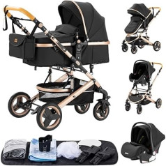 YAZOCO Bērnu ratiņi 3-in-1 Buggy Baby Bed Complete Set One Click Salokāms saliekams kombinēts ratiņu ratiņu komplekts ar alumīnija rāmi jaundzimušajiem (melns)