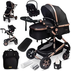 GaGaDumi Florida 3-in-1 komplekts ar autokrēsliņu - Bērnu ratiņi 3-in-1 TÜV - Kombinētais bērnu ratiņu komplekts 3-in-1 Pilns gumijas riepu komplekts - Pārtinamais maisiņš Black/Gold