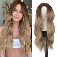 FESHFEN Garš cirtaini cirtaini parūka, 55 cm Ombre Blond parūka Blond Brown Middle Parting Sieviešu parūkas Dabas sintētiskās parūkas Sieviešu cirtaini viļņaina parūka puse pusei pusei katru dienu