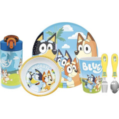 Zak Designs Bluey Kids Geschirr-Set mit Teller, Schüssel, Becher, Wasserflasche und Utensiliengeschirr, aus strapazierfähigem Material und perfekt für Kinder (6-teiliges Geschenkset, BPA-frei)