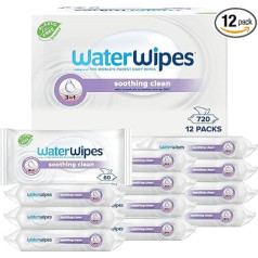 WaterWipes atvieglojošas tīrīšanas salvetes bērniem, 720 salvetes (12 iepakojumi), ar 99% ūdens un augu ekstraktiem, mitrās salvetes sejai un ķermenim