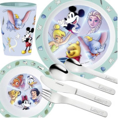 Children's Disney Characters Mickey Mouse Dumbo Frozen 7-Piece Set with Engraving (e.g. Name) Personalised Children's Cutlery with Name Engraving + Children's Tableware (Plate, Cup, Bowl)