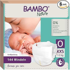 Bambo Nature Baby autiņbiksītes 0 izmērs (1-3 kg), 144 gab., mēneša iepakojums Premium autiņbiksītes ar uzlabotu aizsardzību pret noplūdi, maksimālu komfortu un brīvību jaundzimušajiem Dermatoloģiski pārbaudītas autiņbiksītes.