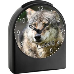 CreaDesign, WU-50-1118 Wolf analogais bērnu modinātājs, melns, radio vadāms modinātājs bez tikšķināšanas, ar apgaismojumu, personalizēts ar vārdu, 9,6 x 5,5 x 11,9 cm, 104 g