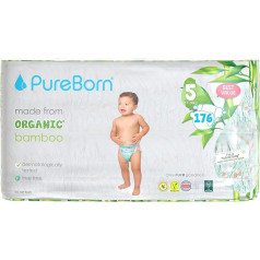 PureBorn Eco Organic bambusa autiņbiksītes, 5 izmērs (11-18 kg), 176 gabali (2 x 88), videi draudzīgas, hipoalerģiskas, īpaši mīkstas, ar mitruma indikatoru, dažādi apdrukas simboli