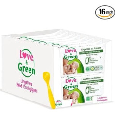 Love & Green - 16 iepakojumu ar 56 tīrīšanas salvetēm ar linimentiem - 99% dabiskas izcelsmes + 1 karotīte, izlases krāsa