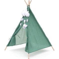 ROBINCOOL Montessori Kalpana bērnu telts Teepee, 80 x 80 x 110 cm, izmantošanai iekštelpās un ārpus telpām, izgatavota no gaiši zaļa auduma ar dekoratīviem mākoņiem, piemērota bērniem no 1 gada vecuma