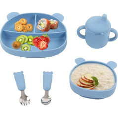 Silicone Baby Crockery Set, 5-Piece Baby Feeding Set, Food-Grade Silicone, Non-Slip Children's Crockery Set, Bowl, Drinking Cup, Spoon, Fork, Infant Feeding Set for Babies, Children (Blue)