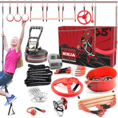 Fofana Ninja Warrior Obstacle Course for Kids Outside 65 FT - Ninja Slider Included - Largest 11 Ninja Course Obstacles - Climbing Ladder, Spinning Wheel, Gym Ring