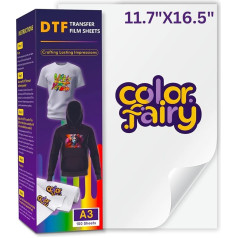 Colorfairy DTF pārneses plēve 11,7 x 16,5 collas 100 lapas A3, abpusējs matēts PET siltuma pārneses papīrs, universāls visiem T-krekliem un tumšiem audumiem, spilgtas krāsas, viegli nolobāms karsts/auksts