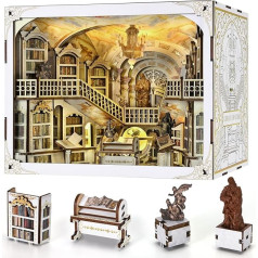 Minicity Book Nook Kit, DIY Miniature Dollhouse grāmatu stūra komplekts, 3D koka puzle, grāmatu plaukts, dekors ar LED apgaismojumu pusaudžiem un pieaugušajiem (Dievu bibliotēka Max)