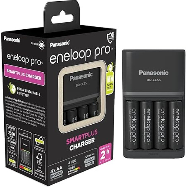 eneloop pro SmartPlus Ladegerät, für 1-4 AA/AAA NI-MH Akkus, 2 Stunden Ladezeit, 10 Sicherheitsfunktionen, inkl. 4 eneloop pro AA akumulatori (2500 mAh)