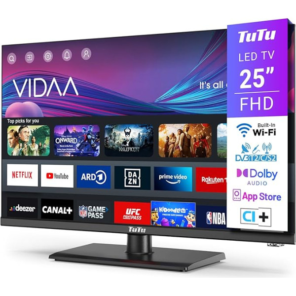 TuTu Smart TV 25 collu (64 cm) televizors (VIDAA) Full HD 1080P, trīs uztvērēji App Store WiFi, viesnīcas režīms, vidējā bāze (2024)