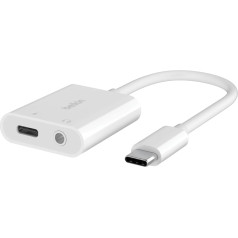 Belkin Rockstar™ 3,5 mm audio + USB-C® lādētāja adapteris austiņu adapteris ātrai uzlādei ar USB-C Power Delivery 60 W iPhone 15, iPad Pro, Galaxy, Note, Google Pixel, LG, Sony Xperia, balts