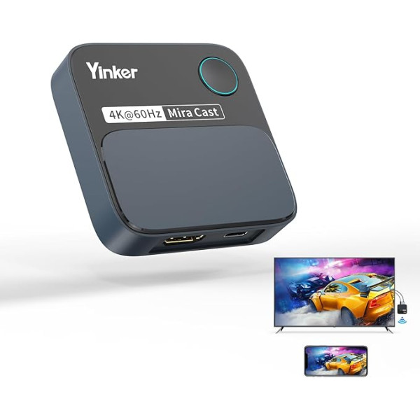 Yinker 4K60Hz HDMI bezvadu displeja dongle, 4K@60Hz tūlītējas straumēšanas adapteris iOS, MacOS, Android, Windows, saderīgs ar Miracast, Airplay, DLNA Ainavas vai portreta formātā