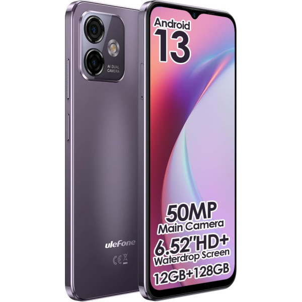 Ulefone Android 13 mobilais tālrunis bez līguma, Note 16 Pro, līdz 12 GB RAM + 128 GB ROM, 50 MP kamera, Dual SIM viedtālrunis, 6,52 collu HD+ ekrāns, 4400 mAh akumulators, pirkstu nospiedumi + sejas atbloķēšana GPS