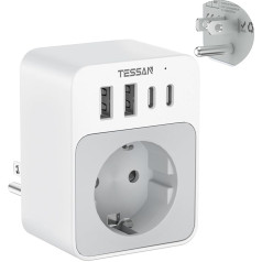 TESSAN ASV adaptera ligzda, 5 in 1 ceļojuma adapteris ASV ar 2 USB C un 2 USB A, 1875 W adapteris ASV Vācijas kontaktdakša, 20 W USB C ātrās uzlādes, ES un ASV B tipa ceļojuma kontaktdakša Kanādai, Taizemei, Meksikai