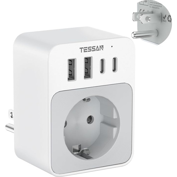 TESSAN ASV adaptera ligzda, 5 in 1 ceļojuma adapteris ASV ar 2 USB C un 2 USB A, 1875 W adapteris ASV Vācijas kontaktdakša, 20 W USB C ātrās uzlādes, ES un ASV B tipa ceļojuma kontaktdakša Kanādai, Taizemei, Meksikai