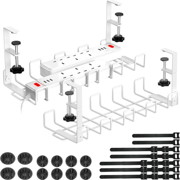 WELDUN Kabeļu pārvaldība zem rakstāmgalda, 2 gab. kabeļu kanāls bez urbšanas, metāla kabeļu organizators vadu vadībai, kabeļu grozs ar kabeļu skavām un saitēm, balts