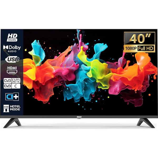 RCA TV 40 collu (100 cm) Full HD LED televizors ar trīskāršu uztvērēju (DVB-T/T2-C-S/S2), USB multivides atskaņotājs, HDMI, CI/CI+, viesnīcas režīms (2024)