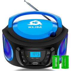 KLIM Boombox radio ar CD atskaņotāju - FM radio, CD atskaņotājs, Bluetooth, MP3, USB, AUX - Komplektā ietilpst uzlādējamas baterijas - vadu un bezvadu režīmi - kompakts un izturīgs (zils)