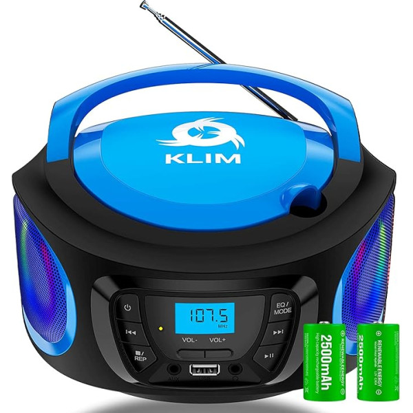 KLIM Boombox radio ar CD atskaņotāju - FM radio, CD atskaņotājs, Bluetooth, MP3, USB, AUX - Komplektā ietilpst uzlādējamas baterijas - vadu un bezvadu režīmi - kompakts un izturīgs (zils)