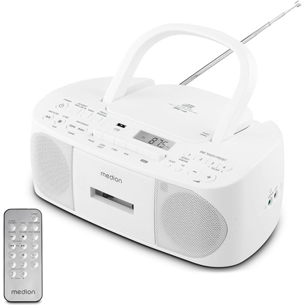 MEDION E65010 Stereo radio CD atskaņotājs kasešu atskaņotājs USB ports AUX audio ieeja MP3 atskaņošana FM PLL radio 40 staciju atmiņa ar akumulatoru Tālvadības pults balta