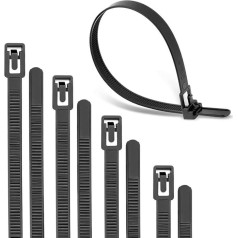 Iepakojumā 200 atkārtoti slēdzamas kabeļu saites, melnas, noņemamas, atkārtoti lietojamas kabeļu saites, apaļš dizains nekaitē rokām, viegli atveramas (6 + 8 + 10 + 12 collas, katrs izmērs 50 gab.)