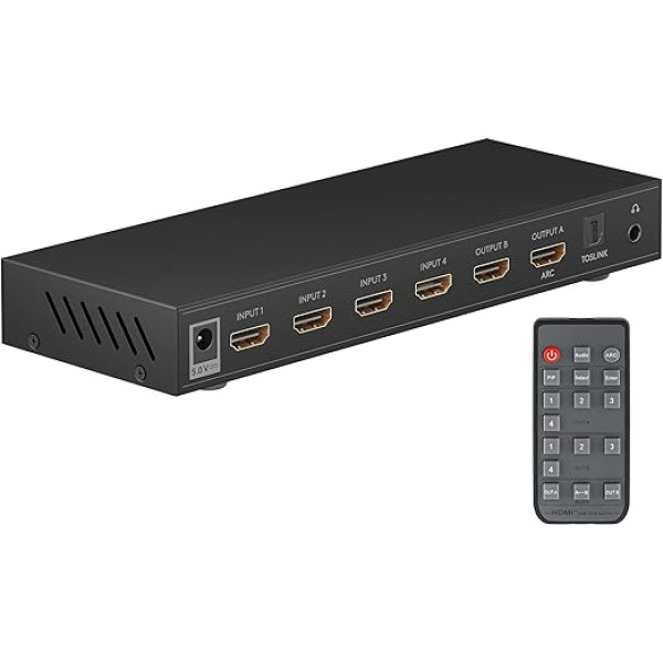 goobay 58478 HDMI matricas slēdzis no 4 uz 2 / Matricas slēdzis sadalītājs 4K @ 30Hz / ar tālvadības pulti Blu Ray atskaņotājam, Xbox, PS5 un TV / 4 in 2 Out slēdzis