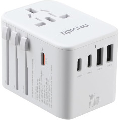 EPICKA ceļojuma adapteris visā pasaulē, GaN universālā ceļojuma kontaktdakša 70 W PD ātrās uzlādes, ceļojuma adapteris ar 3 USB-C, 2 USB-A, starptautiskais kontaktligzdas adapteris DE ASV, Lielbritānija, Japāna, Taizeme, Balts