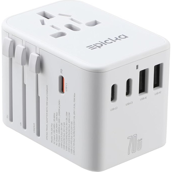 EPICKA ceļojuma adapteris visā pasaulē, GaN universālā ceļojuma kontaktdakša 70 W PD ātrās uzlādes, ceļojuma adapteris ar 3 USB-C, 2 USB-A, starptautiskais kontaktligzdas adapteris DE ASV, Lielbritānija, Japāna, Taizeme, Balts