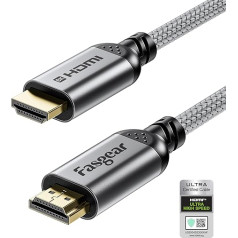 Fasgear HDMI 2.1 kabelis 6,6 pēdas 8K HDMI kabelis 48Gbps Ātrgaitas HDMI kabelis ar neilona pinumu 8K @ 60Hz 4K @ 120Hz HDCP 2.3 atbalsts eARC HDR10 3D Dolby Saderīgs ar Roku TV/Monitor/Blu-ray Grey