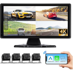 Hodozzy 4K atpakaļgaitas kameras komplekts ar 4 AHD atpakaļgaitas kameru kabeli, bezvadu CarPlay Android auto, 10,36 collu skārienjūtīgais ekrāns, 4 dalīts monitors, Bluetooth, Airplay FM cilpas ierakstīšana USB/TF, CarPlay ekrāns