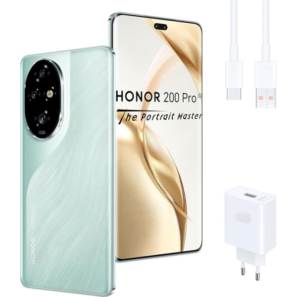 HONOR 200 Pro 5G viedtālrunis 12 + 512 GB, 6,78 collu OLED ekrāns 120 Hz, 50 MP galvenā portreta kamera, Snapdragon 8s 3. paaudzes, 5200 mAh akumulators ar 100 W uzlādi, MagicOS 8.0, Dual SIM NFC, zaļš