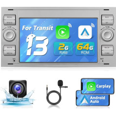 Podofo 2+64G Android auto radio Ford Focus C-max S-max Galaxy Fusion Fiesta Mondeo Kuga Transit Connect ar bezvadu Carplay Android auto, 7 collu skārienjūtīgais ekrāns radio ar Bluetooth, WiFi, GPS +