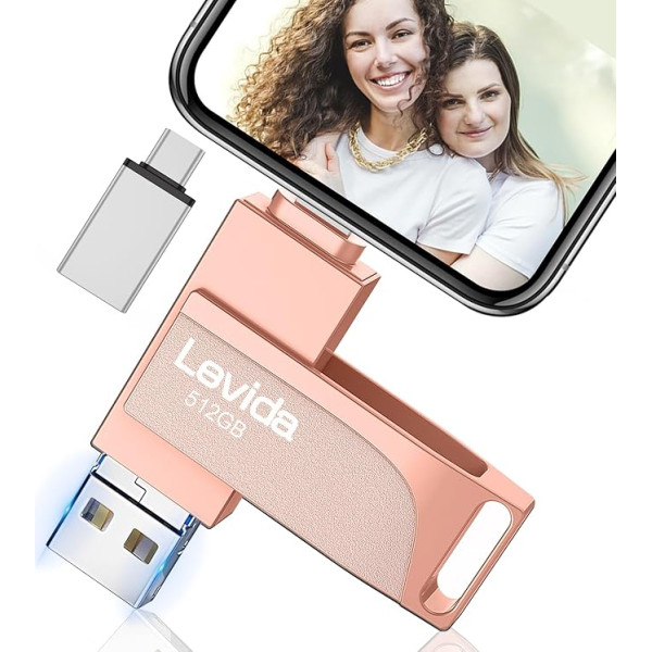 USB zibatmiņas karte 512 GB telefonam, Levida Memory Stick, Photo Stick, ārējā atmiņa 4 in 1, Photo Stick 3.0, zibatmiņa mobilajam tālrunim, iOS, Android, planšetdatoram, klēpjdatoram, datoram (Mobilā atmiņa, Automātiskā fotoatmiņa, Automāt