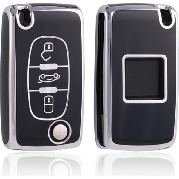 HIBEYO Flip Key Auto atslēgu futrālis piemērots Peugeot 207 407 308 607 atslēgu futrālim Silikona TPU aizsargvāciņš Citroen C1 Picasso Berlingo C-Crosser tālvadības pults 3 pogas sudraba krāsā melns