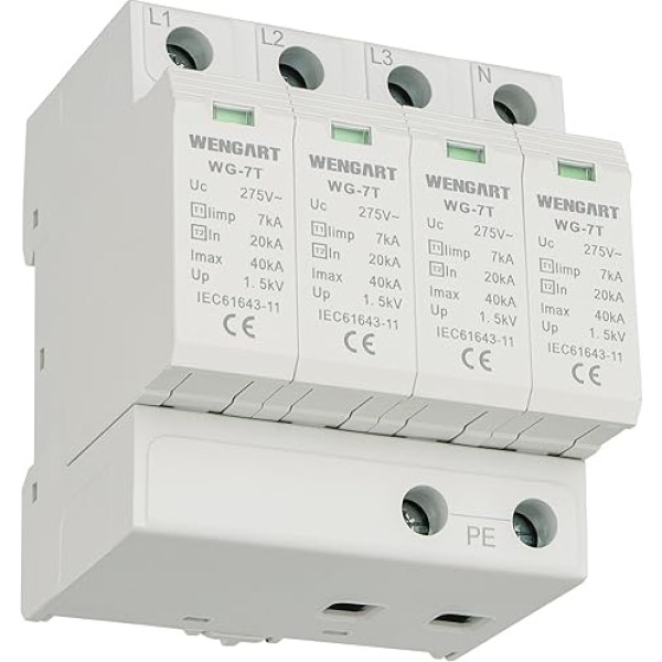 Wengart pārsprieguma aizsardzības ierīce WG-7T, T1+T2 līmeņa aizsardzība, limp7kA 20-40kA AC275V, mājsaimniecības pārsprieguma aizsardzība, DIN sliedes stiprinājums (4P)